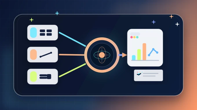 An editorial banner showing AI models, apps, and connectors feeding one orchestrated system core.