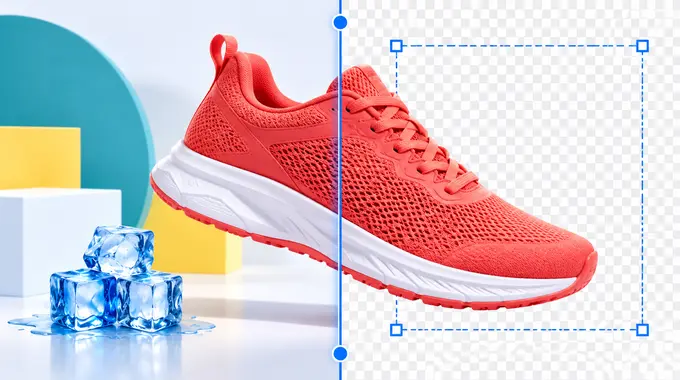 A red running shoe photographed on a pastel set, split down the middle by a before/after slider: the left half keeps the studio background, the right half is a transparent checkerboard cut-out inside selection handles.