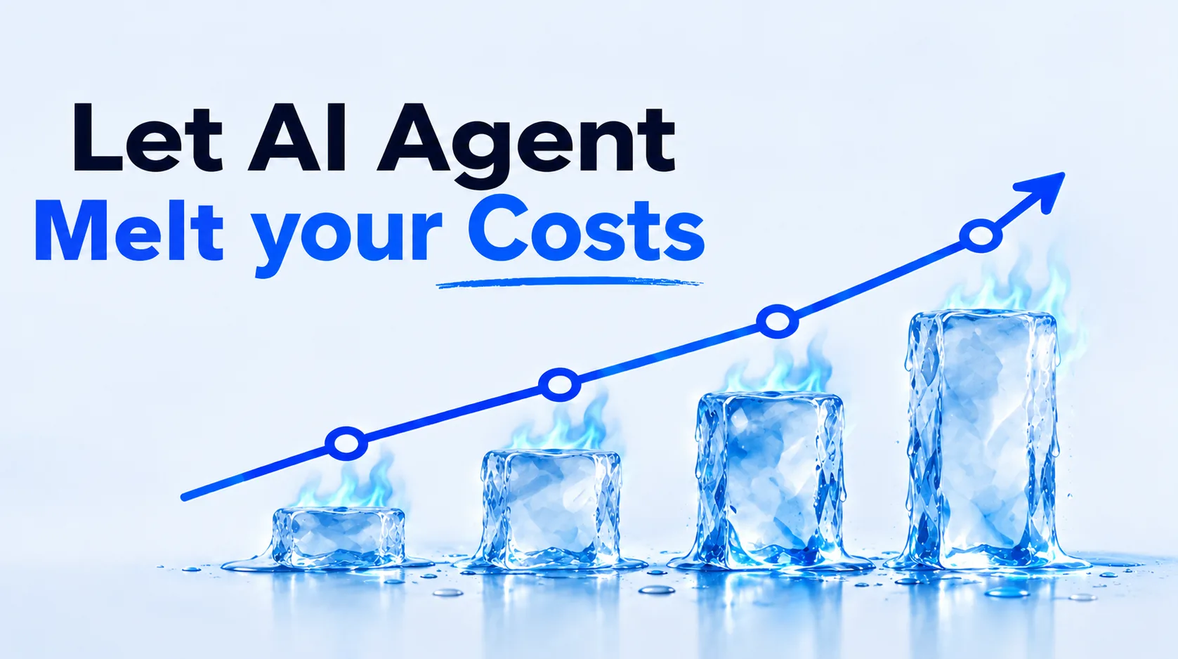 Headline 'Let AI Agent Melt your Costs' beside a rising line chart over four ice-block bars melting under blue flames.