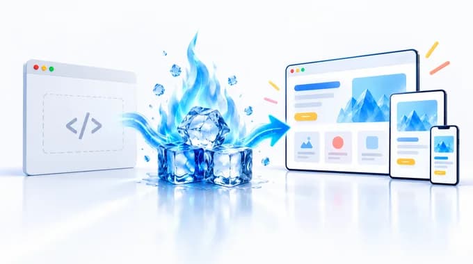 An empty code window turning into a finished website on desktop, tablet and phone, passing through the n-g.be ice cubes and blue flame.
