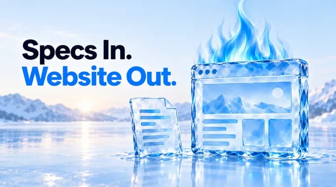 Branded ice cubes with a blue flame forming a website layout beside a document, under the title Specs In. Website Out.