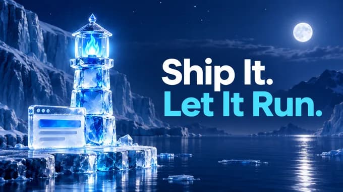 A lighthouse of branded ice cubes with a blue flame on an arctic shore at night, beside the title Ship It. Let It Run.