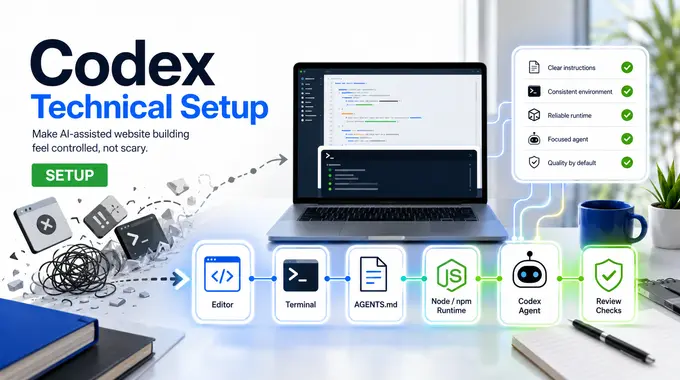 A clean workstation showing Codex setup as connected editor, terminal, project files, and safety checks.