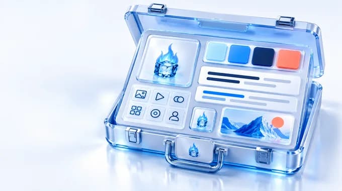 An open glass asset case containing a logo, colour swatches, typography, icons, a favicon and a social-image template.