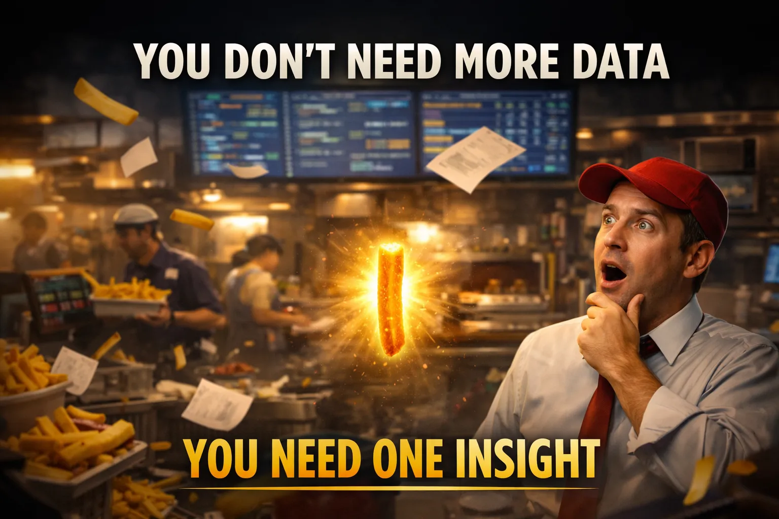 A surreal editorial banner with one glowing data point transforming a dark dashboard into a bright insight panel.