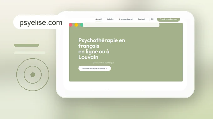 Stylized PsyElise banner with a browser card showing the psyelise.com homepage hero.