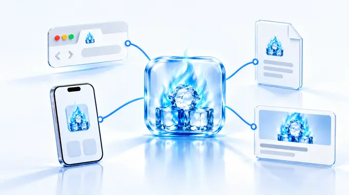 A central ice-cube app icon branching into browser, mobile, manifest, and social-preview assets.