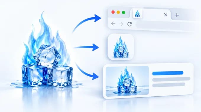 The n-g.be ice cubes and blue flame branching into a browser tab icon, a mobile app icon, and a social preview card.