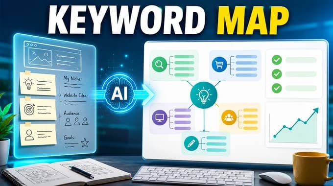 A clear AI keyword planning workspace with seed inputs turning into organized keyword clusters and validation checks.