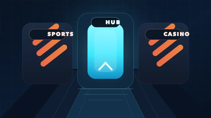 High-contrast banner showing blocked Sports and Casino doors with a bright Hub hallway connecting them.