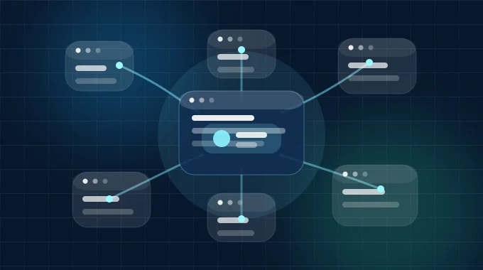 Abstract network of browser cards connected across a grid to suggest one codebase powering many affiliate websites.