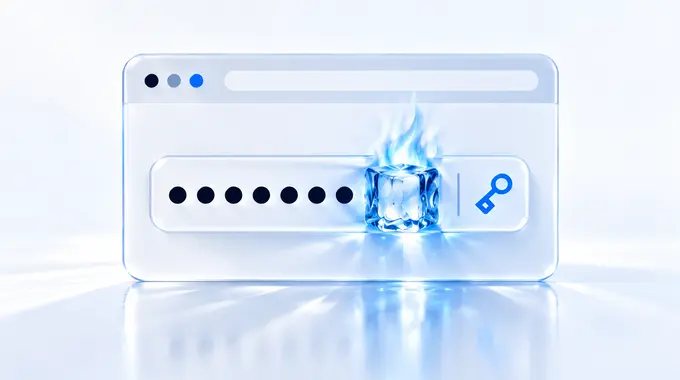 A blue ice cube at the end of a row of password dots in a browser password field, beside a key icon.