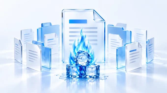 One project document standing in front of a row of identical documents, with blue flame and ice beside it.