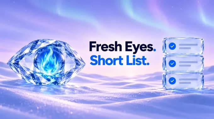 An ice eye with a blue flame beside three stacked ice cards with ticks under northern lights, and the title Fresh Eyes. Short List.