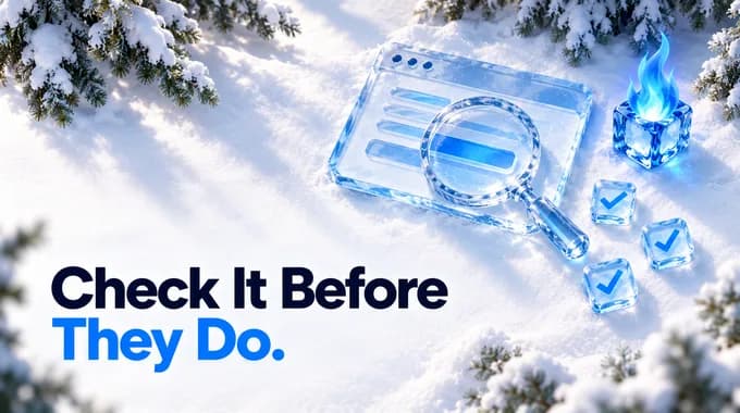 An ice browser window in snow with a magnifying glass, three ticks and a blue flame, under the title Check It Before They Do.