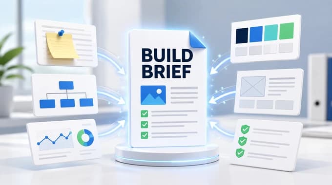 An editorial banner showing simple website inputs being organized into a practical build brief.
