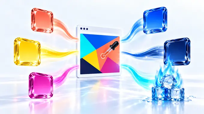 A browser window holding an eyedropper over an image, with six bright colour swatches flowing out beside the n-g.be ice symbol.