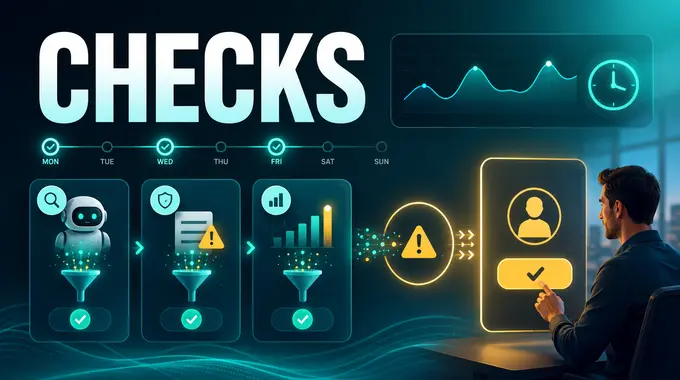 A clean AI operations dashboard showing recurring checks, review loops, and a human approval step.