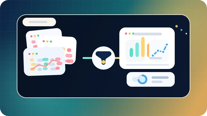 Editorial illustration of messy spreadsheet blocks being cleaned into a structured marketing dashboard.