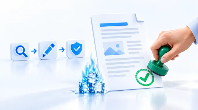 Research, edit and check steps lead to an article page, where a human hand stamps the approval mark beside the n-g.be ice symbol.