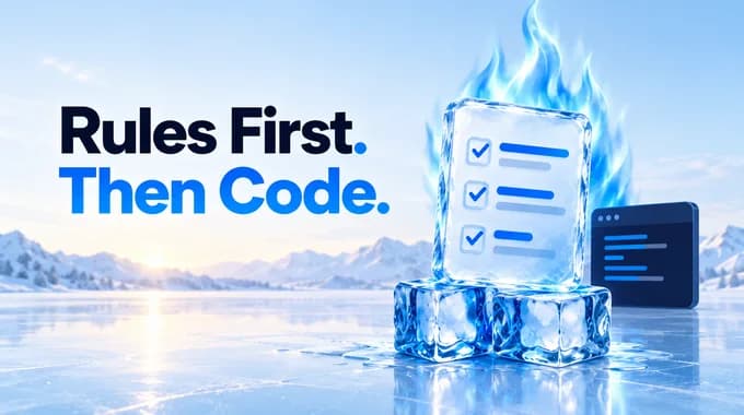 Branded ice cubes with a blue flame holding a checklist beside a code window, under the title Rules First. Then Code.