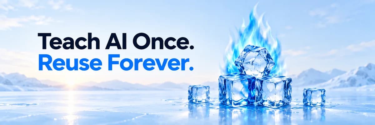 Branded ice cubes with a blue flame on a frozen lake, beside the title Teach AI Once. Reuse Forever.