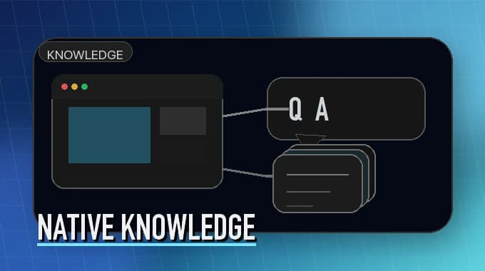 Stylized knowledge interface banner with site cards, a chat bubble, and stacked documents.