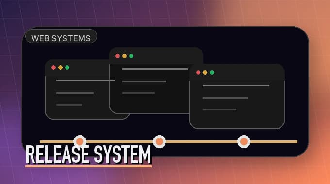 Stylized website delivery banner with staggered browser windows and a release conveyor line.