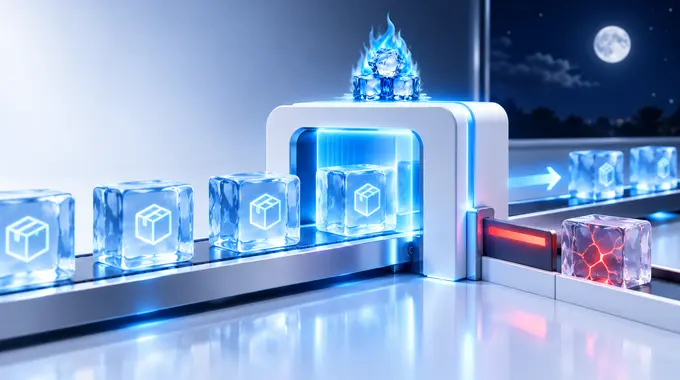 Ice package blocks passing through a blue security scanner while a cracked red block is diverted for review.