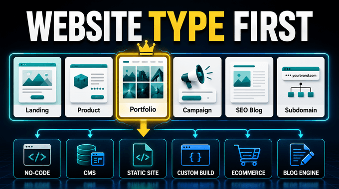 A website planning board showing website types branching into different build paths.