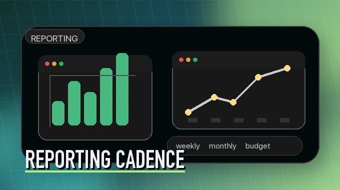 Stylized reporting banner with dashboard cards, a bar chart, and a trend line.