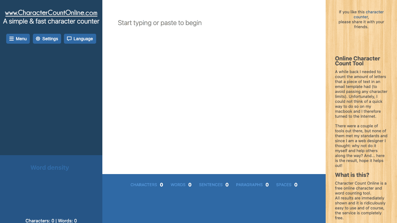 Character Count Online with its character, word, sentence, paragraph and space counters along the bottom.