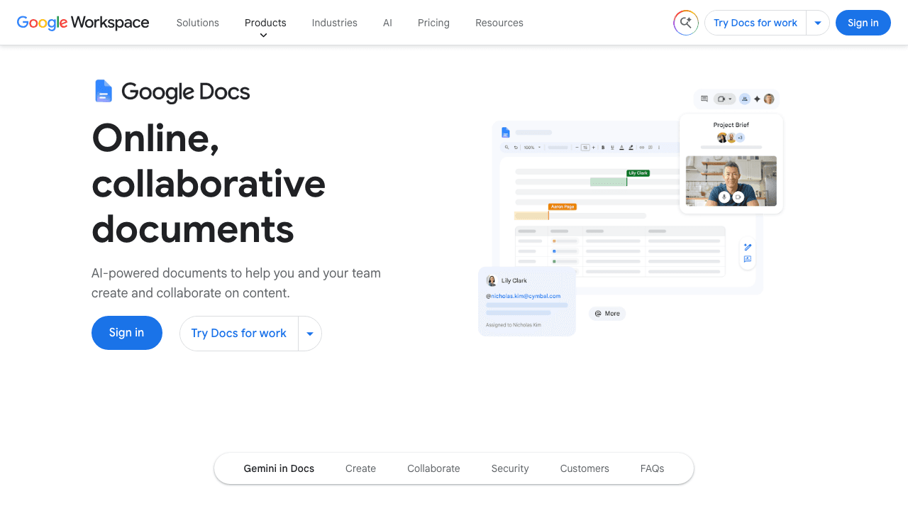 The public Google Docs product page.