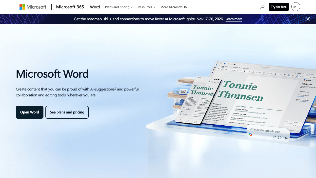 The public Microsoft Word product page.
