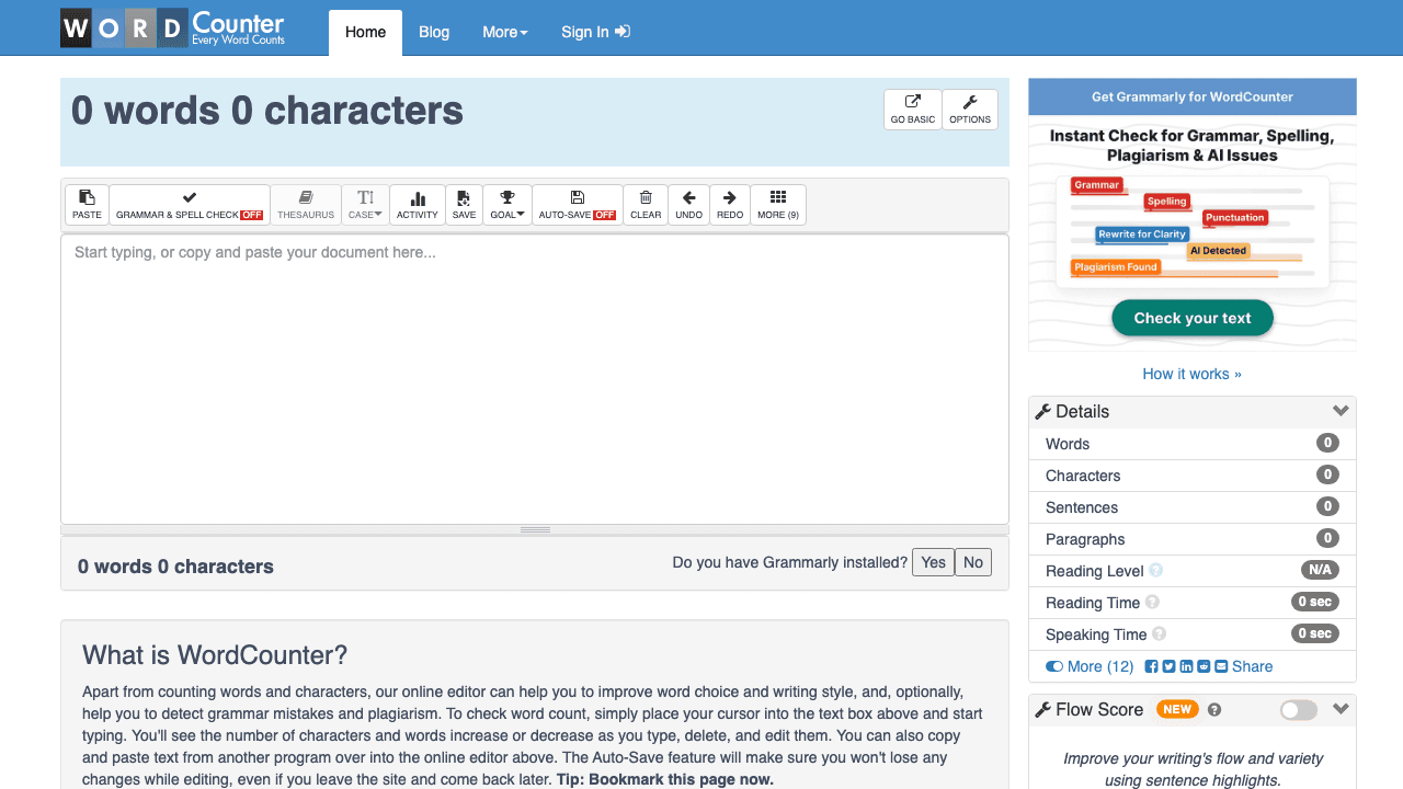 The WordCounter.net editor with its toolbar, details panel, and sidebar promotions.