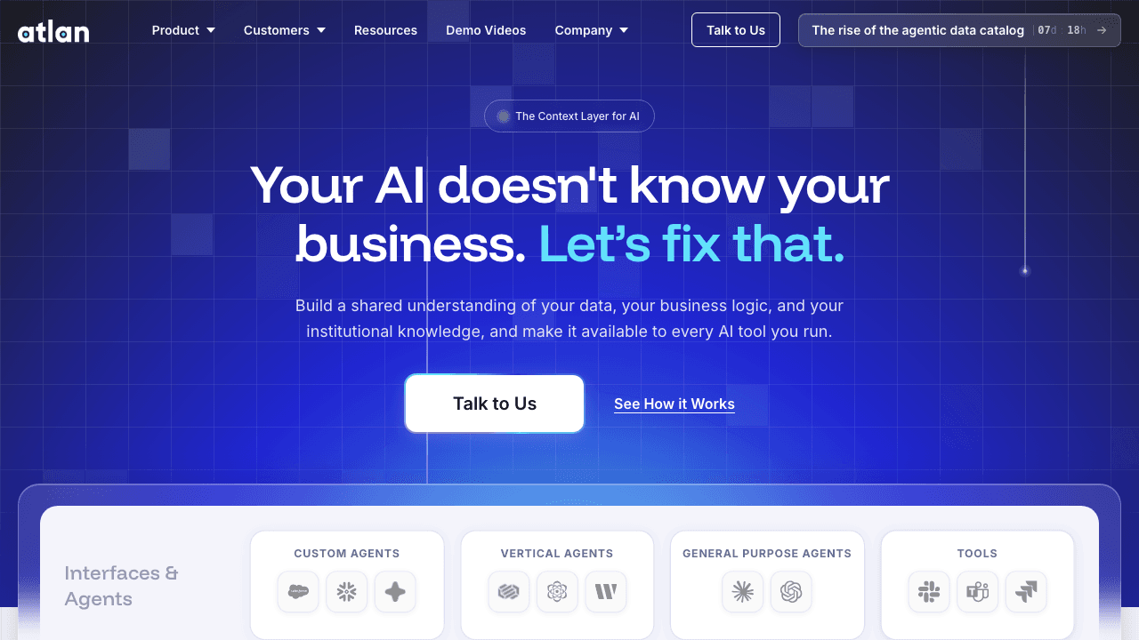 The Atlan homepage presenting the catalogue as a context layer for AI.