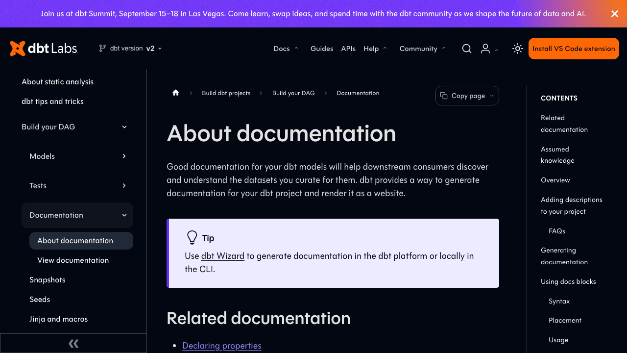 The dbt documentation page explaining how dbt generates documentation for a project.