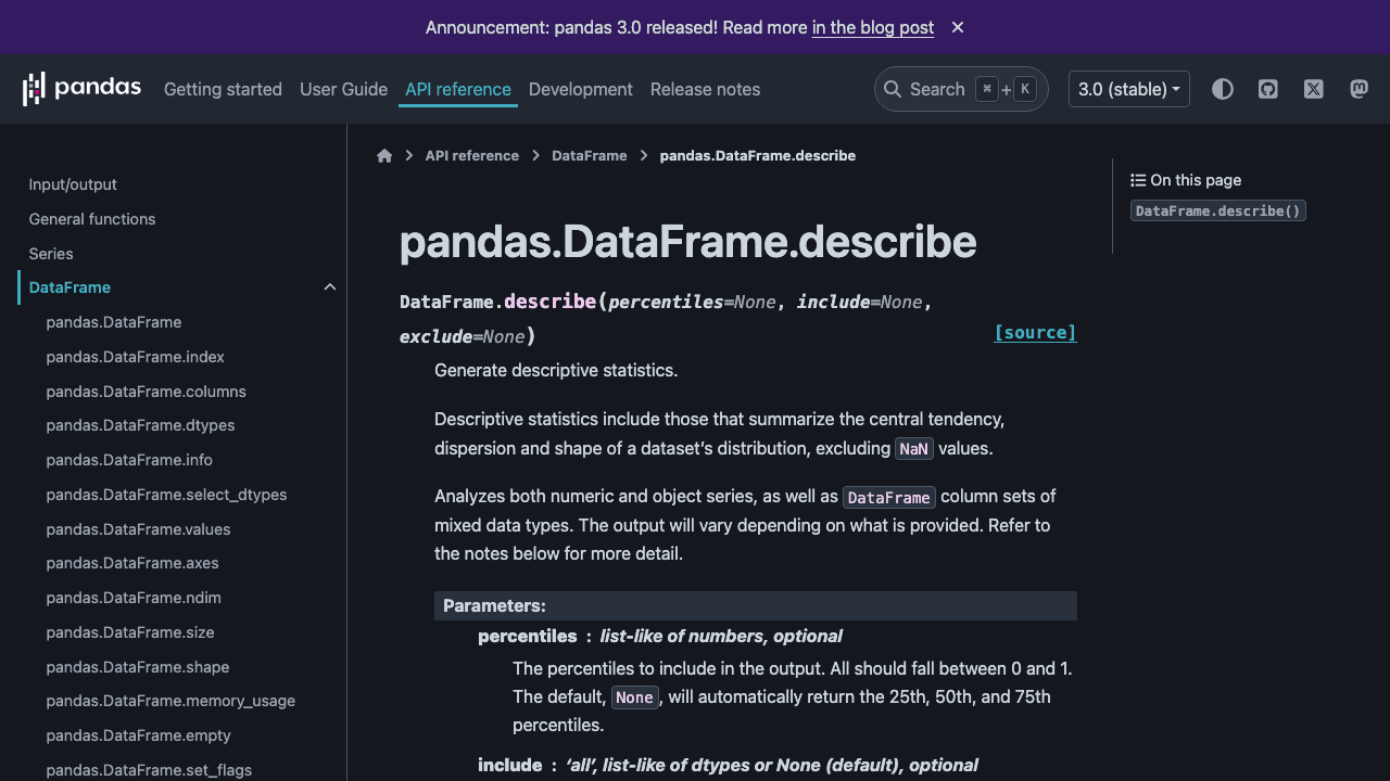 The pandas documentation page for DataFrame.describe, showing its parameters.