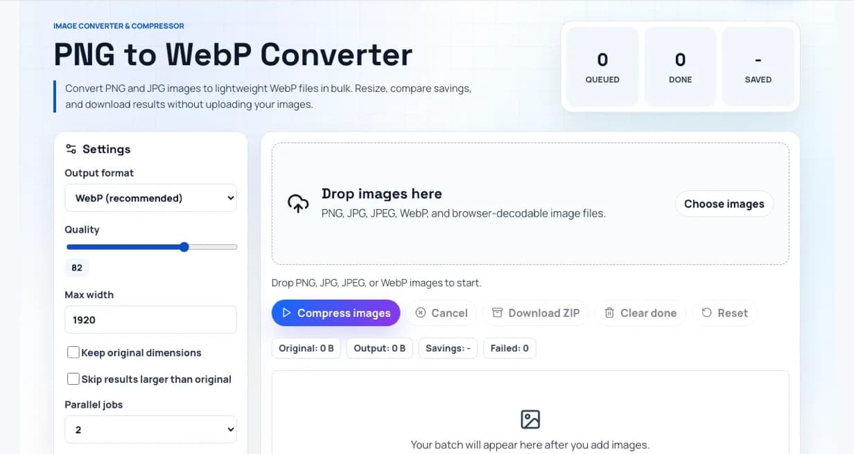 PNG to WebP converter interface
