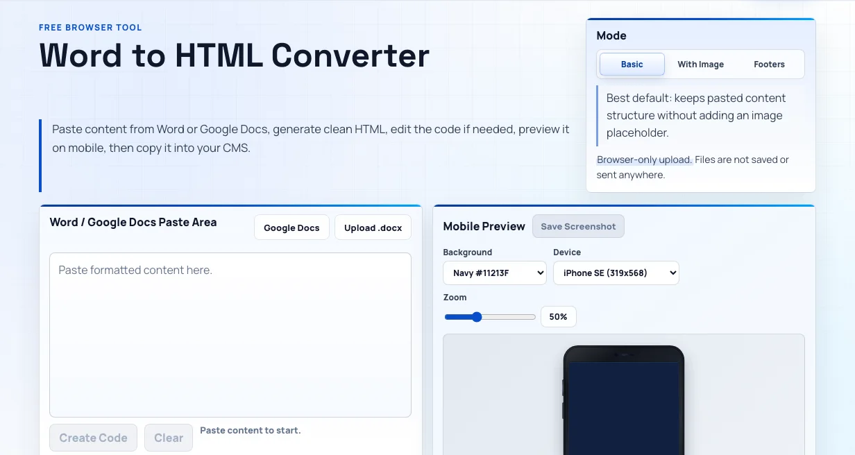 Word to HTML converter interface