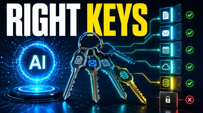 A glowing AI interface beside a keyring connected to business apps, with one locked panel showing that permissions still matter.