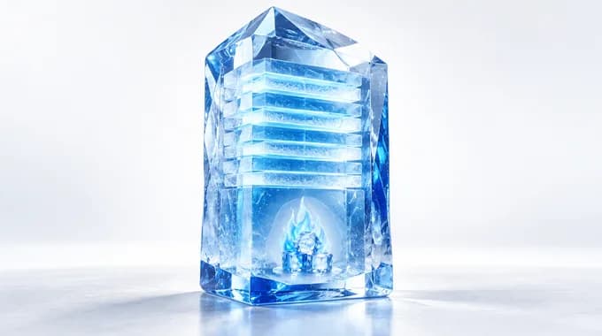 A glass crystal holding stacked folder layers over a blue flame, representing structured context under active processing.