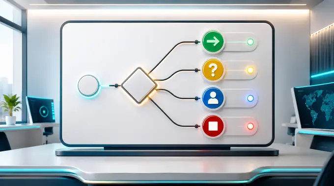 An AI workflow decision board routing work to continue, ask, hand off, or stop.