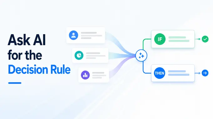 A clean decision board showing branching AI rules from options into one clear next choice.