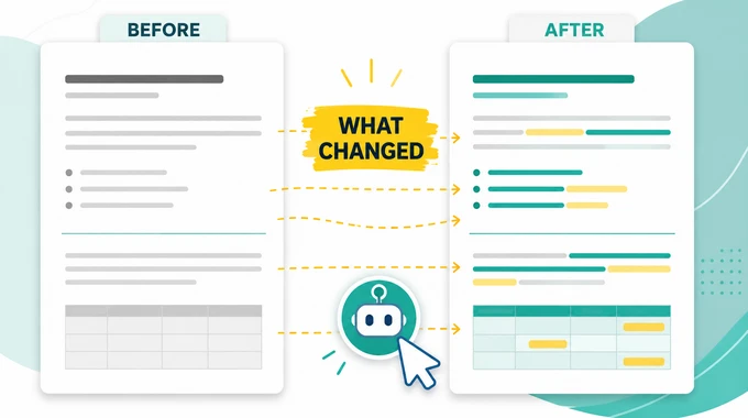 A clean before-and-after document interface where AI highlights what changed between two versions.