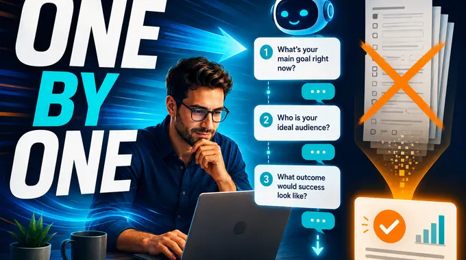 An AI assistant asking focused one-by-one questions while a business operator stays on task at a laptop.