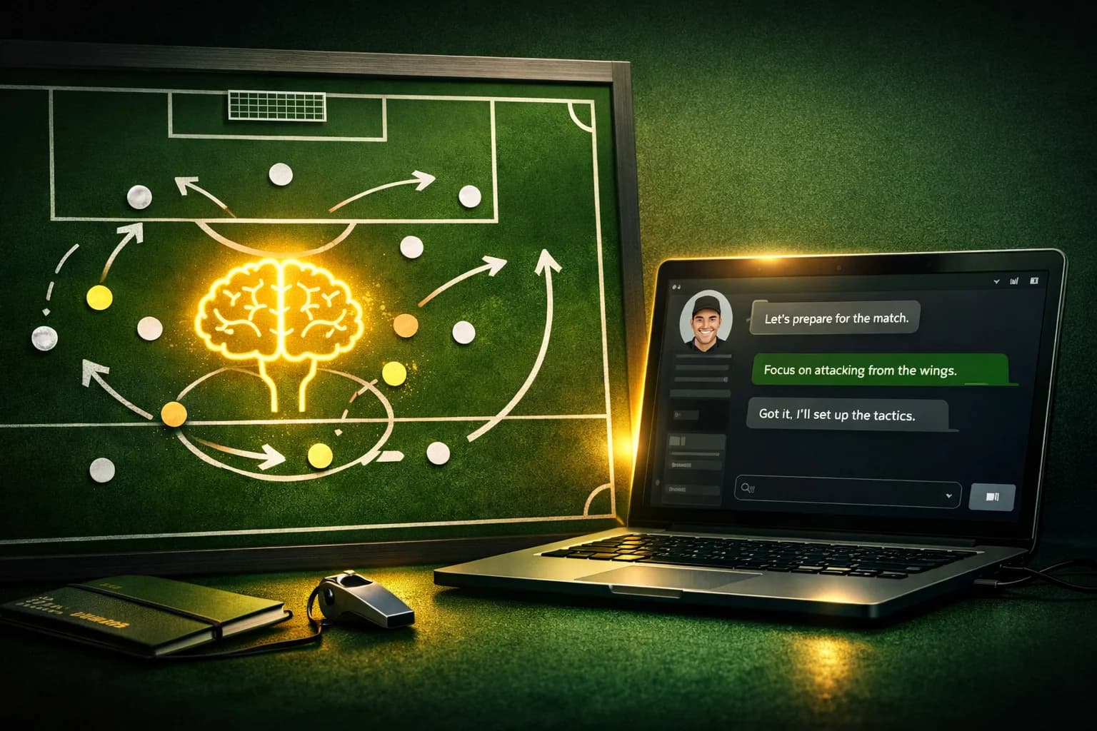 EducatedFootball artwork with a football player, match UI panels, and AI-style interface elements.