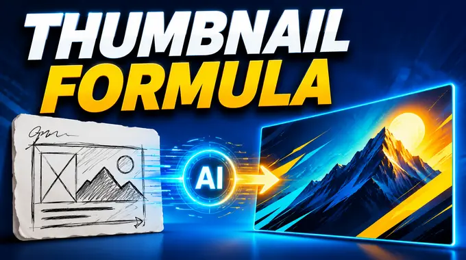 A rough article concept transforming into a polished AI-made banner with the phrase THUMBNAIL FORMULA in a vibrant blue and teal editorial style.