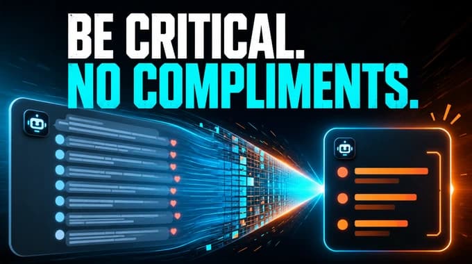 A long praise-heavy AI reply compressed into a short critique beside the words Be critical. No compliments.