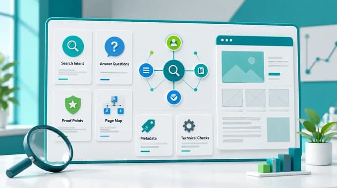 A clean website discovery board showing search questions, answer inputs, AI discovery notes, page mapping, and technical checks before website production.